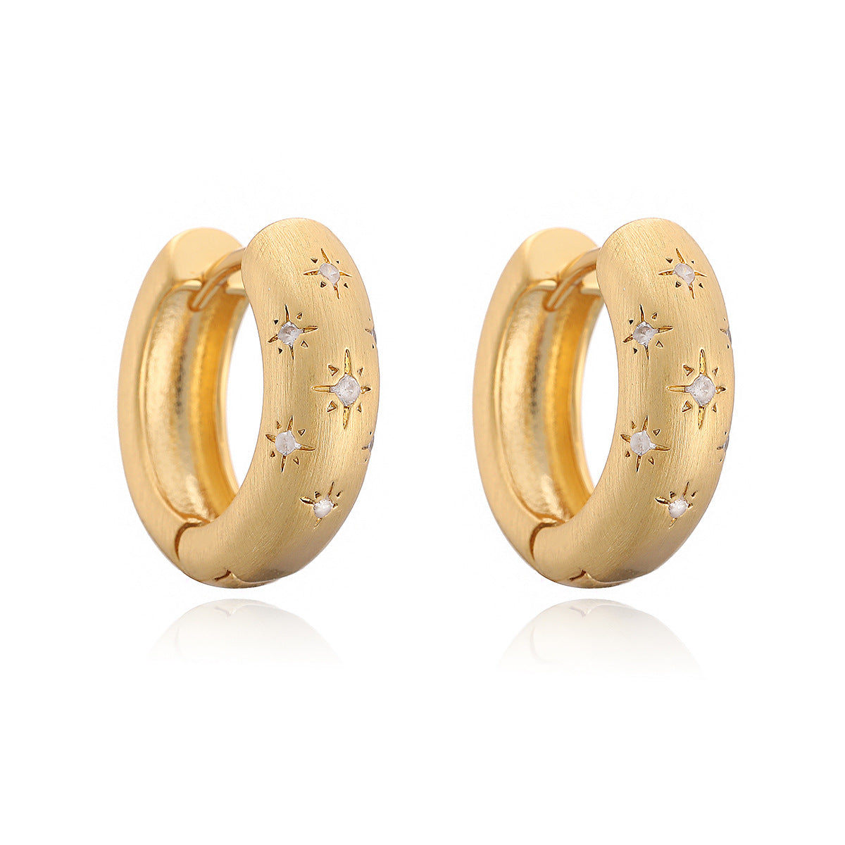 Vintage 18K Gold Plated Brass Brushed Star Hoop Earrings with Cubic Zirconia for Women