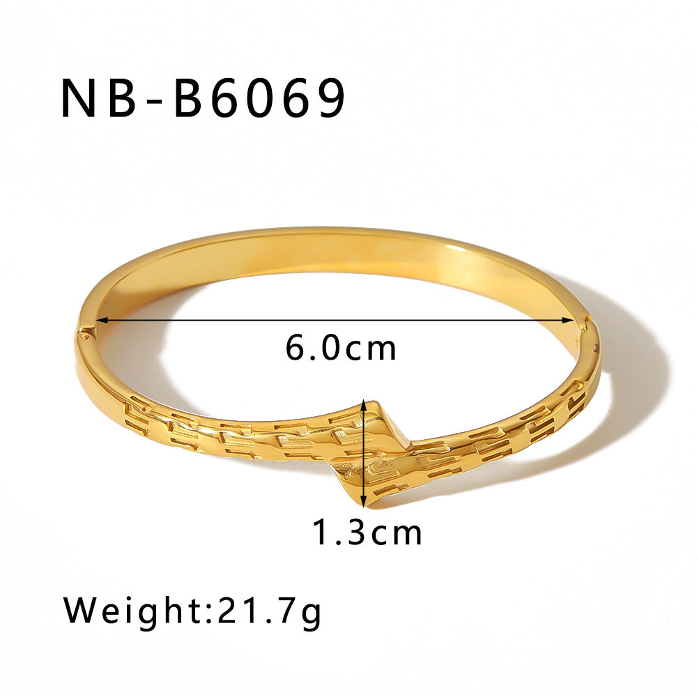 Asymmetrical Geometric Texture Stainless Steel Bracelet with 18K Gold Plating