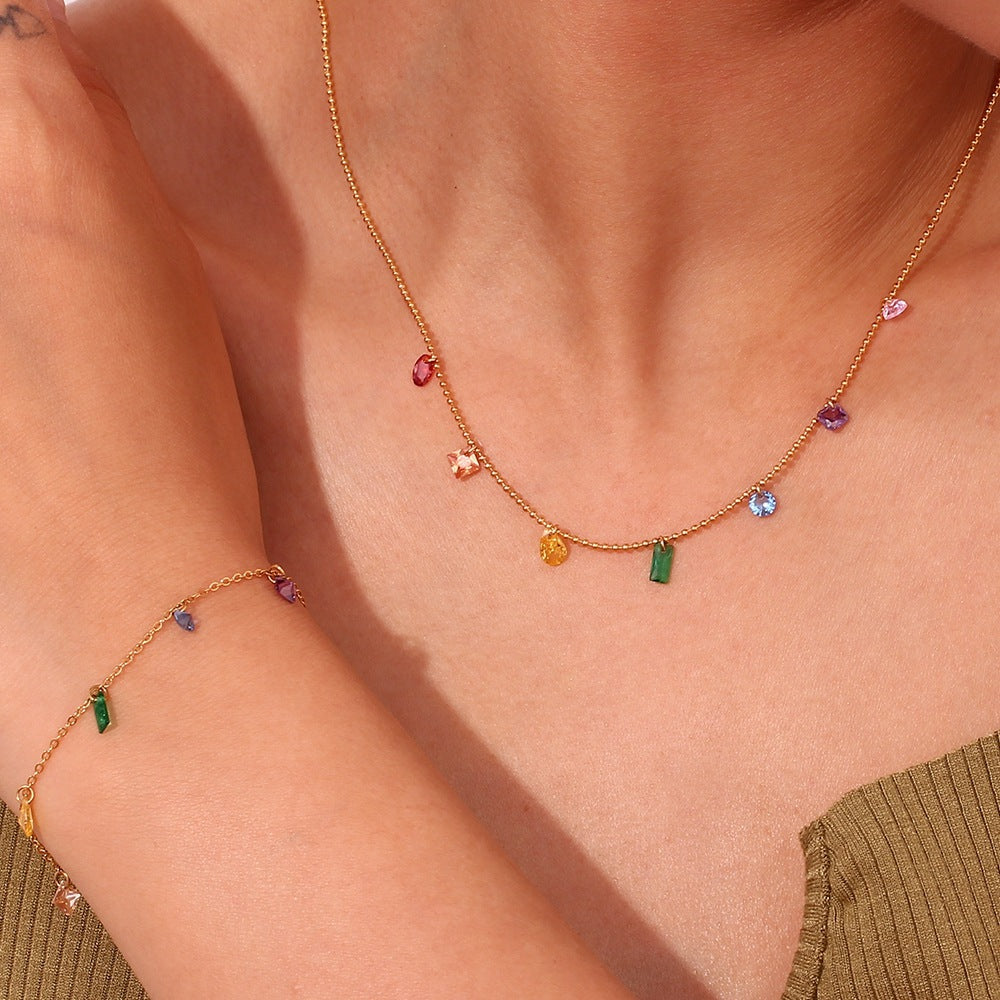 Minimalist Geometric Stainless Steel Plated 18K Gold Colorful Zirconia Necklace for Women