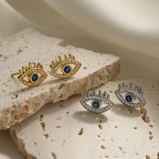 Vintage-Style Geometric Evil Eye Stud Earrings for Women with Copper Base and Real Gold Plating Featuring Micro-Pave Zirconia