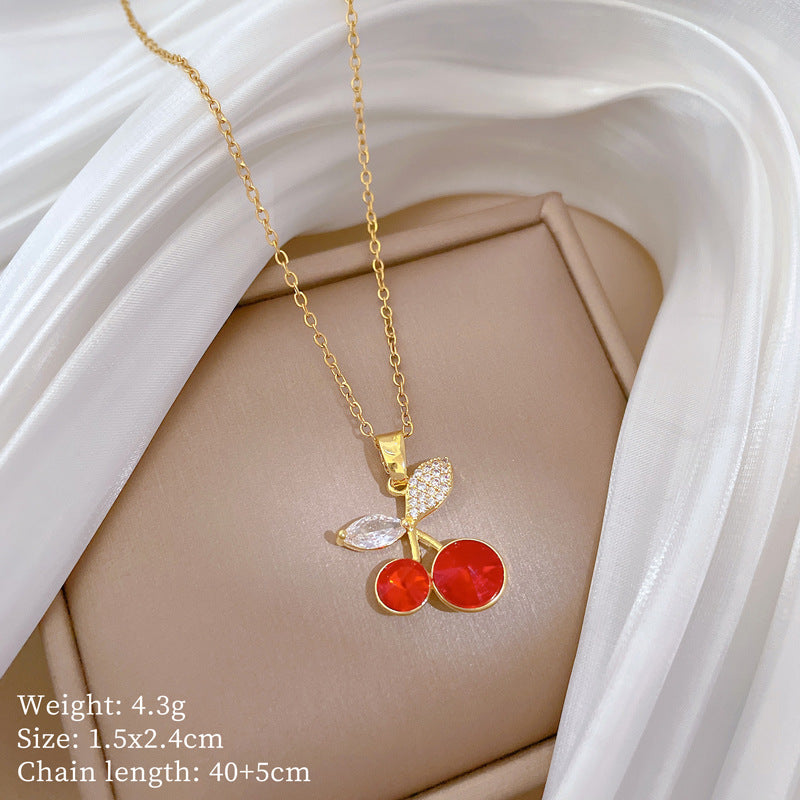 Collar de Acero Inoxidable con Forma de Cereza de Dibujos Animados con Incrustaciones de Pedrería para Mujer, Delicada Cadena de Clavícula de Estilo Fresco y Dulce