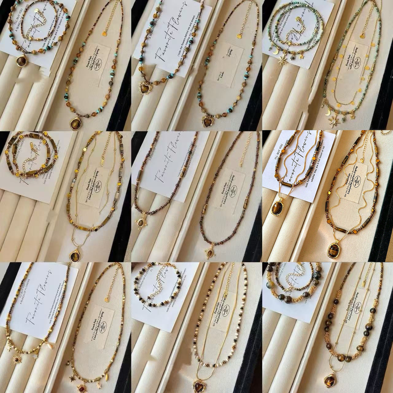 Collana con Ciondolo Vintage a Occhio di Tigre Geometrico Placcata Oro 18K Lunga per Maglione da Donna