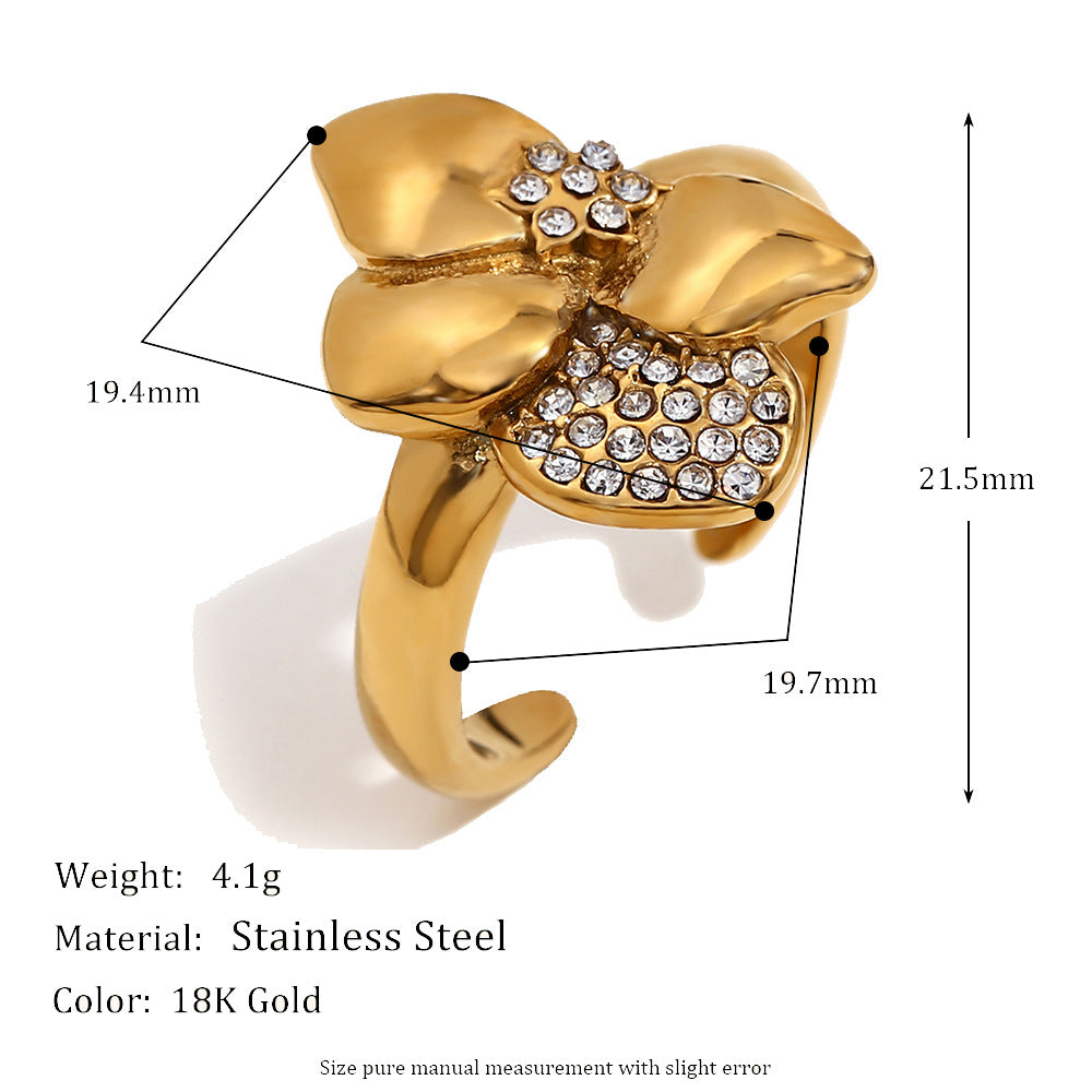 Elegant Asymmetrical Flower-Shaped Stainless Steel Ring with 18K Gold Plating and Rhinestone Accents for Women