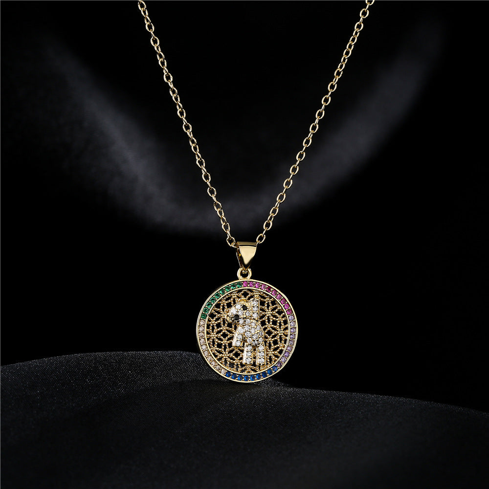 Micro-Inlaid Cubic Zirconia Bear Heart Round Geometric Brass Pendant Necklace with Cable Chain