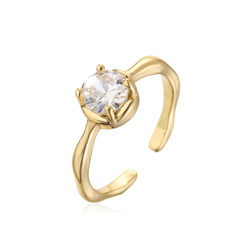 Vintage Geometric Open Ring for Women Made of Brass with Gold Plating and Micro-Paved Zirconia