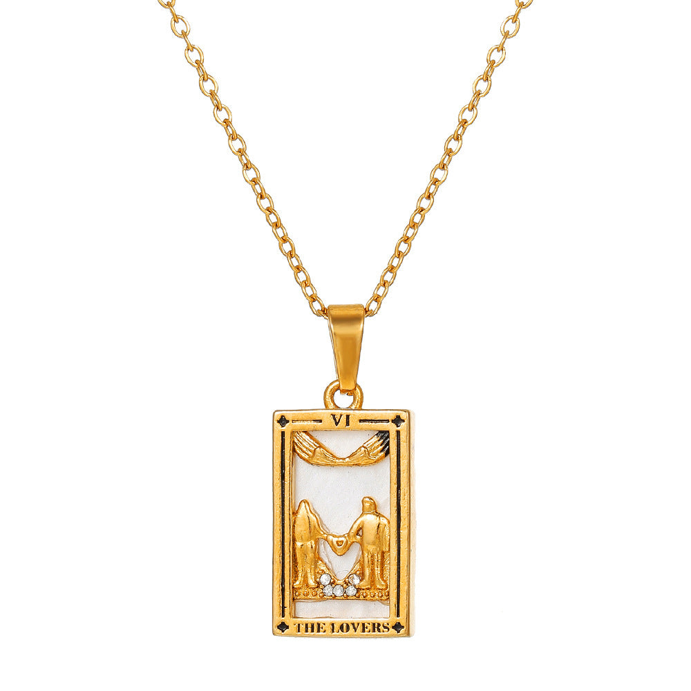 Vintage Casual Rectangle Drip Oil Cubic Zirconia Stainless Steel Necklace with Geometric Tarot Pendant Cable Chain Unisex