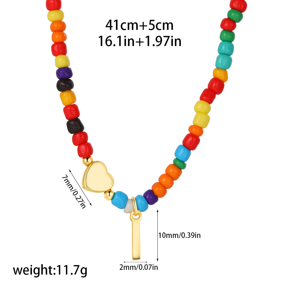 Collana Unisex Casual Placcata Oro 14K con Ciondolo a Cuore Lettera e Perline in Acciaio Inossidabile