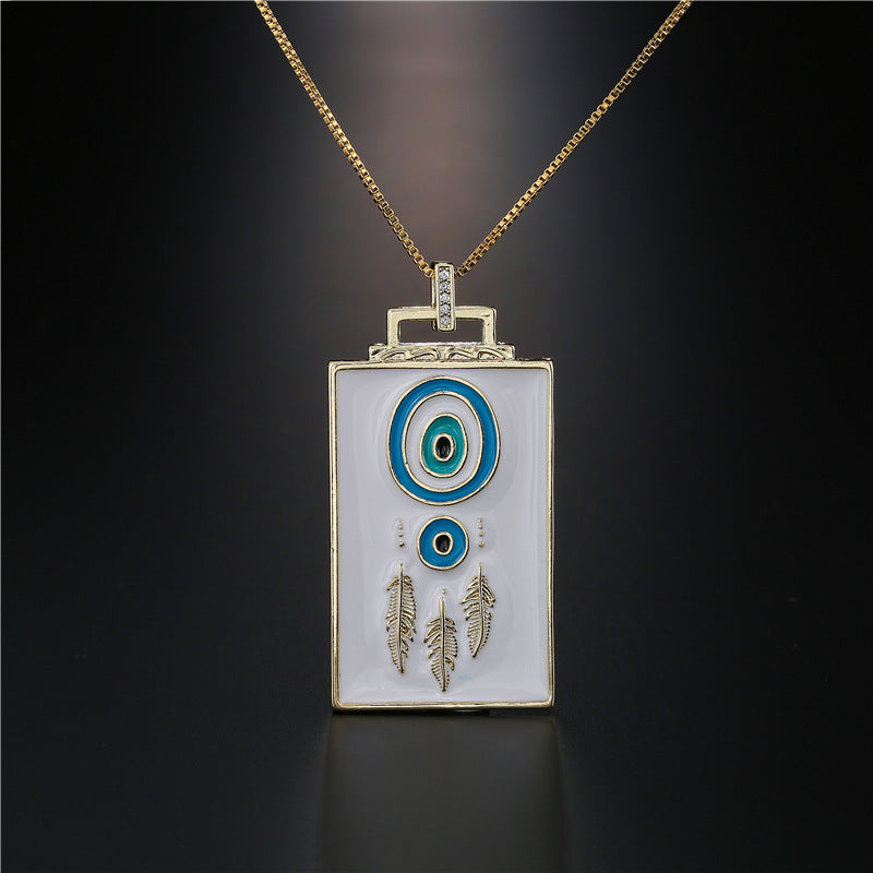 Vintage Square Geometric Drip Oil Inlay Brass Pendant Box Chain Necklace