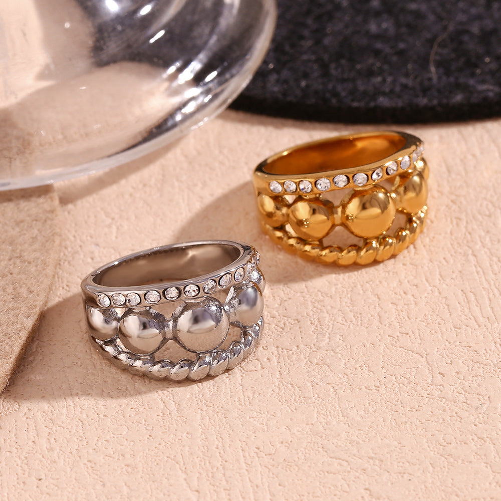 Minimalist Geometric Stainless Steel Ring with 18K Gold Plating and Triple Rhinestone Accents for Women