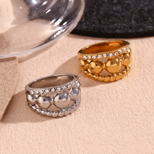 Minimalist Geometric Stainless Steel Ring with 18K Gold Plating and Triple Rhinestone Accents for Women