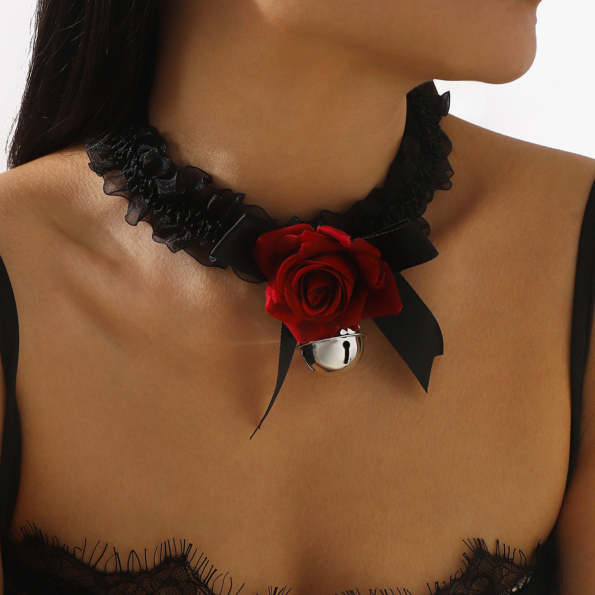 Gargantilla romántica oscura con lazo y rosa floral con encaje y cadena de hierro para mujer