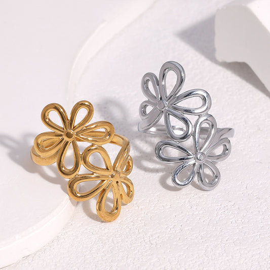 Anillo abierto floral minimalista de acero inoxidable con acabado chapado para mujer
