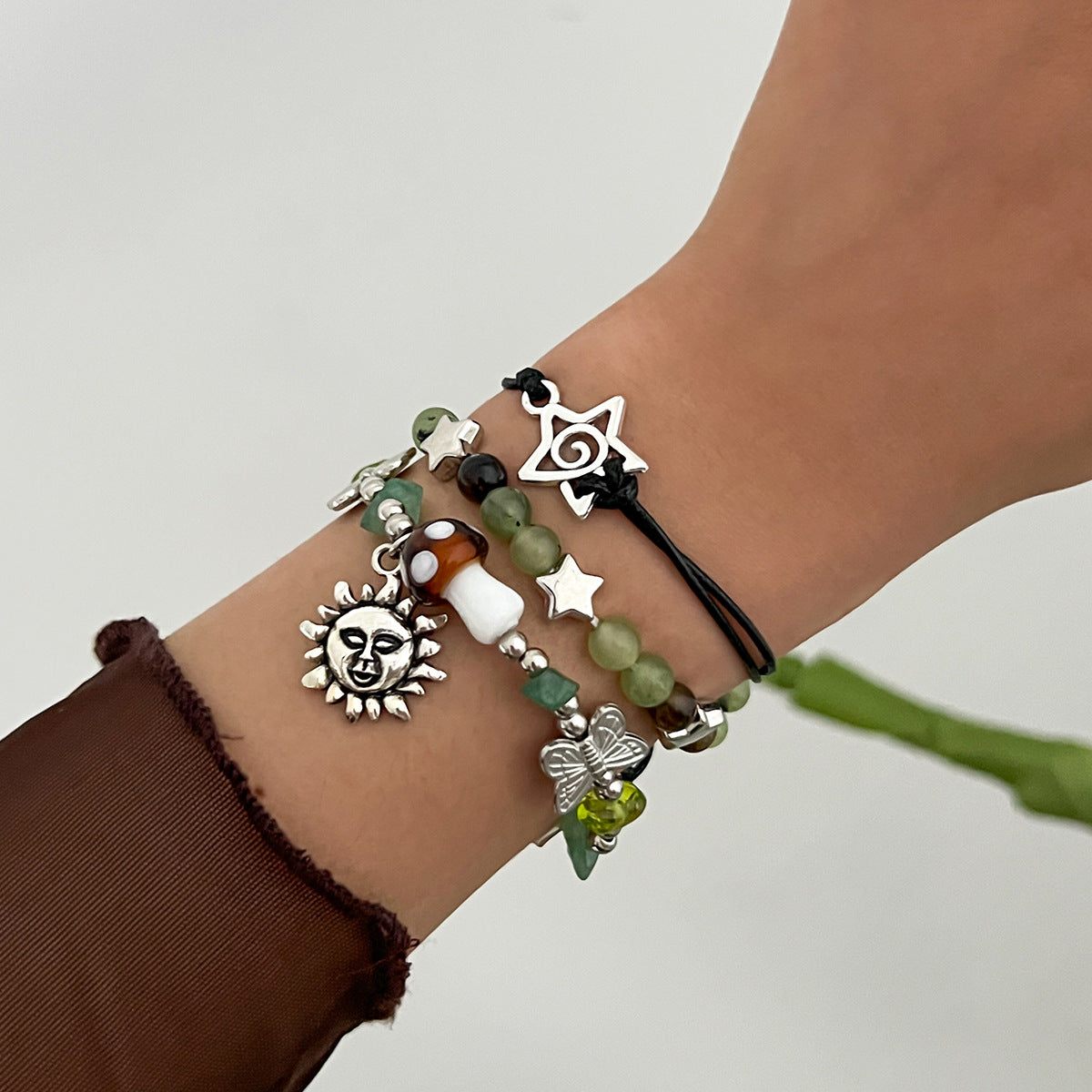 Vintage Ethnic Star-Shaped Alloy Bracelet for Women with Butterfly Mushroom and Botanical Motifs Natural Sun and Star Accents Handmade