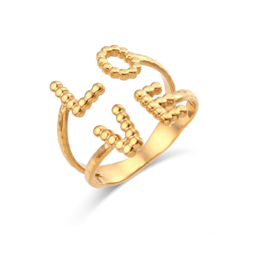 Anillo abierto trenzado de acero inoxidable calado geométrico a la moda para mujer con acabado chapado