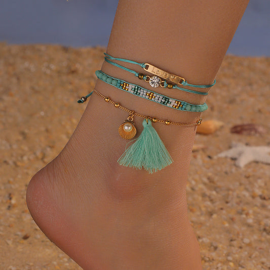 Conjunto de tobilleras minimalistas con colgante de piña con borlas azules y negras para niños, tobillera de aleación con detalle de estrella