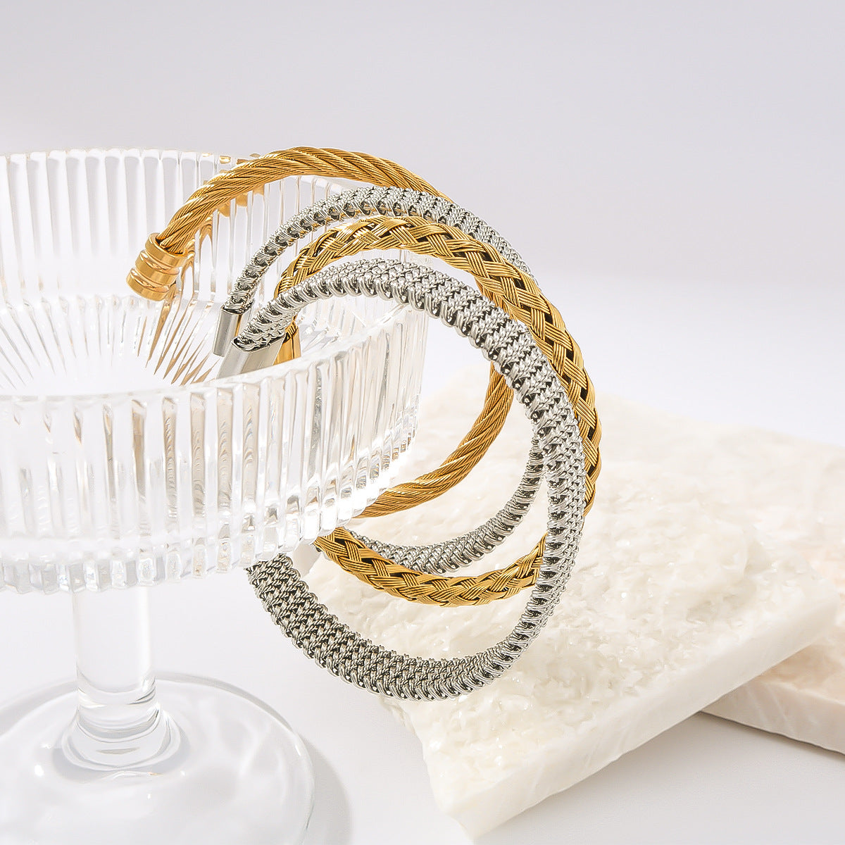 Minimalist Geometric Textured Titanium Steel Bracelet with 18K Vacuum Gold Plating for Women
