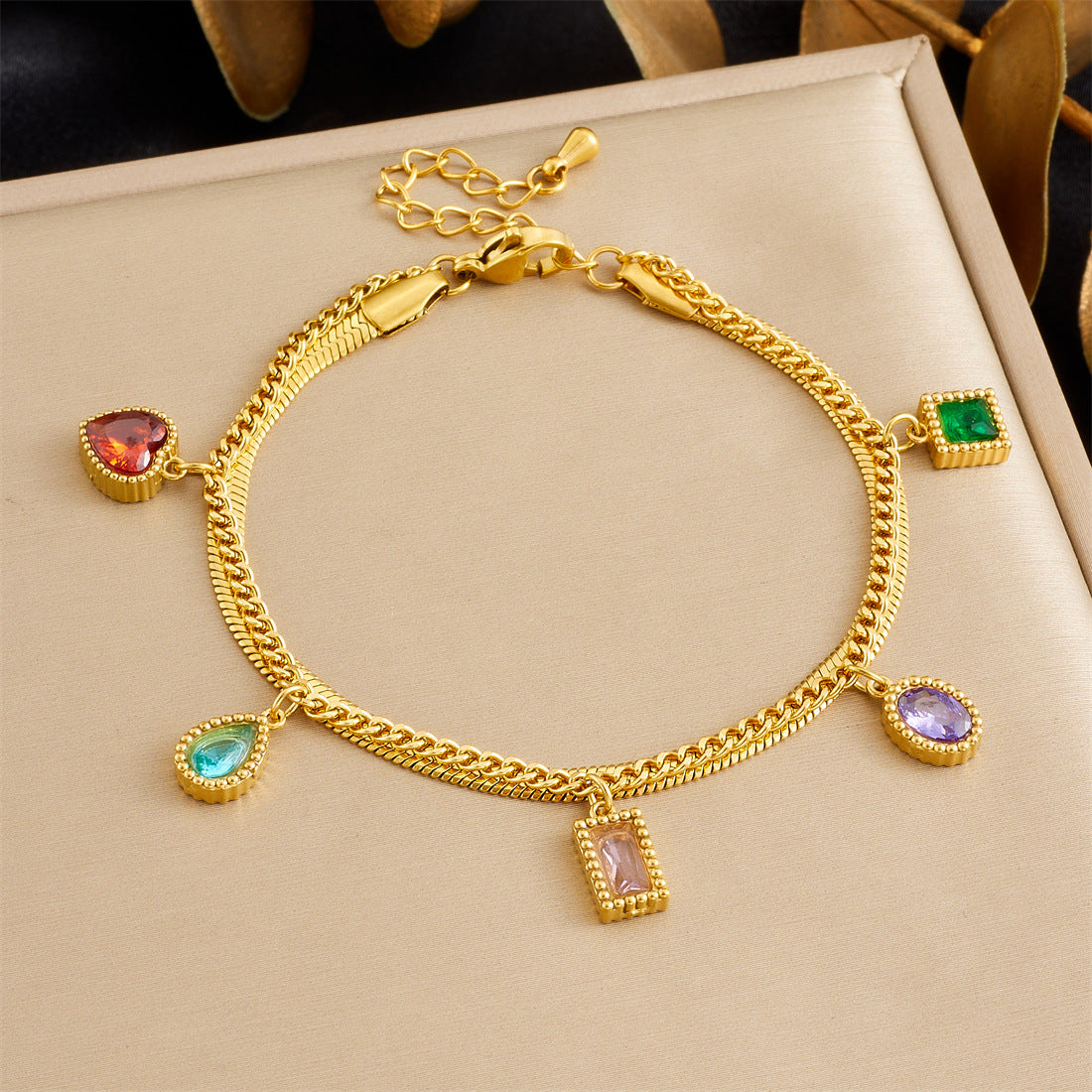 Minimalist Sweet Stainless Steel Drip Oil Plated Heart Floral Fruit Rhinestone Bracelet