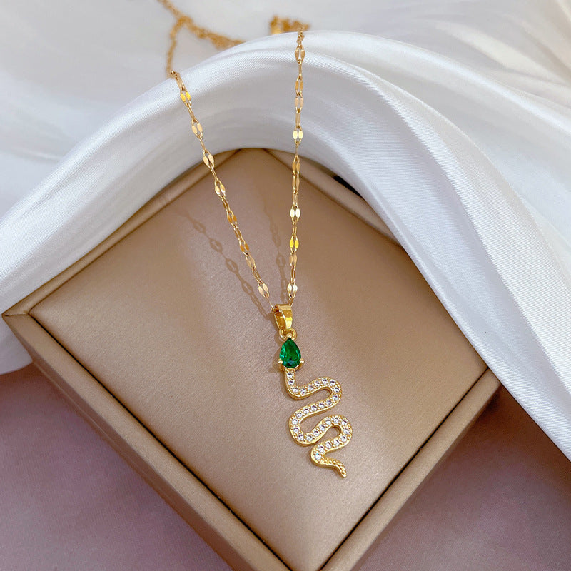 Luxury Titanium Steel Green-Eye Snake Pendant Necklace for Women with Micro-Pavé Detail, Delicate Clavicle Chain