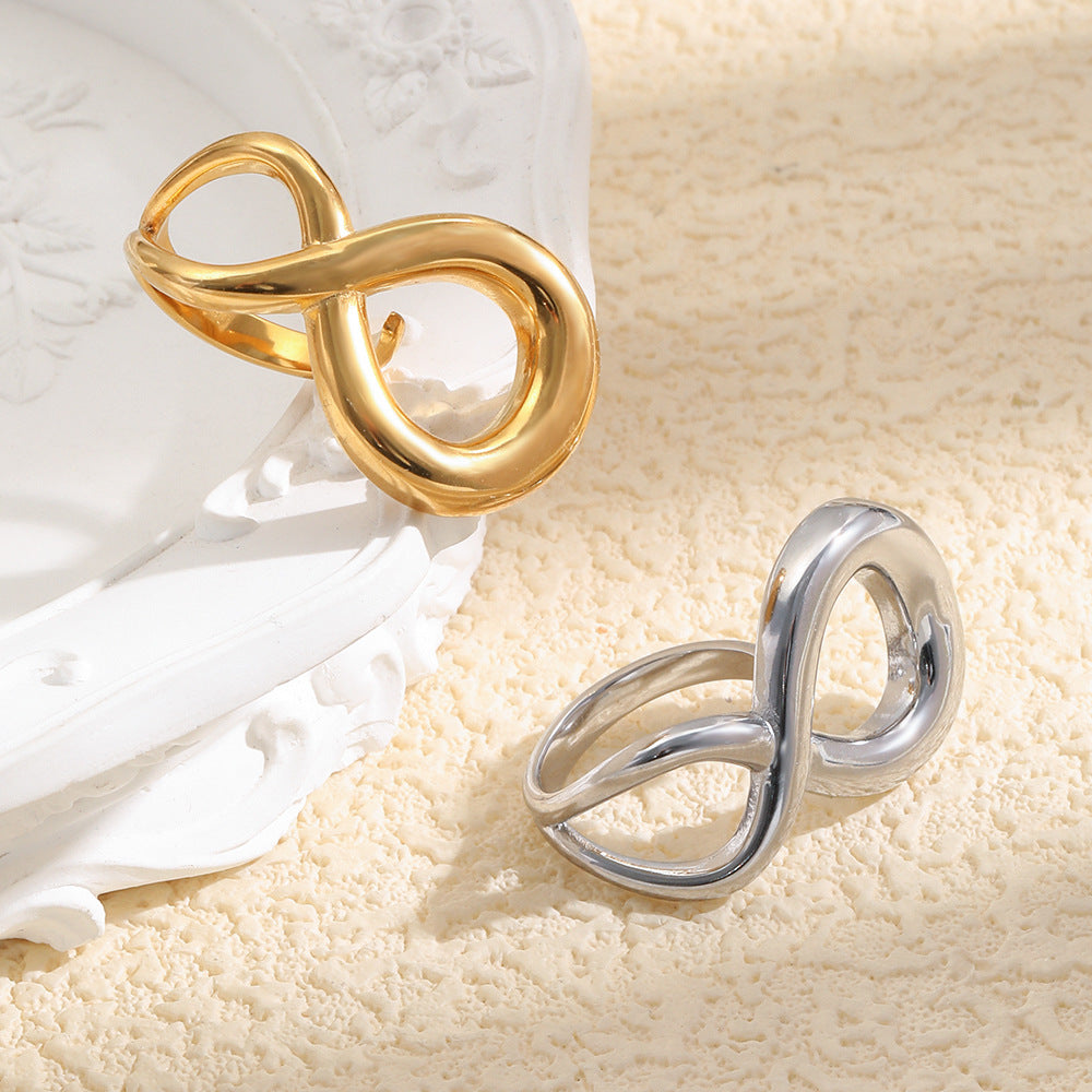 Anillo abierto de acero inoxidable chapado en oro de 18 quilates con figura geométrica de 8 minimalista para mujer