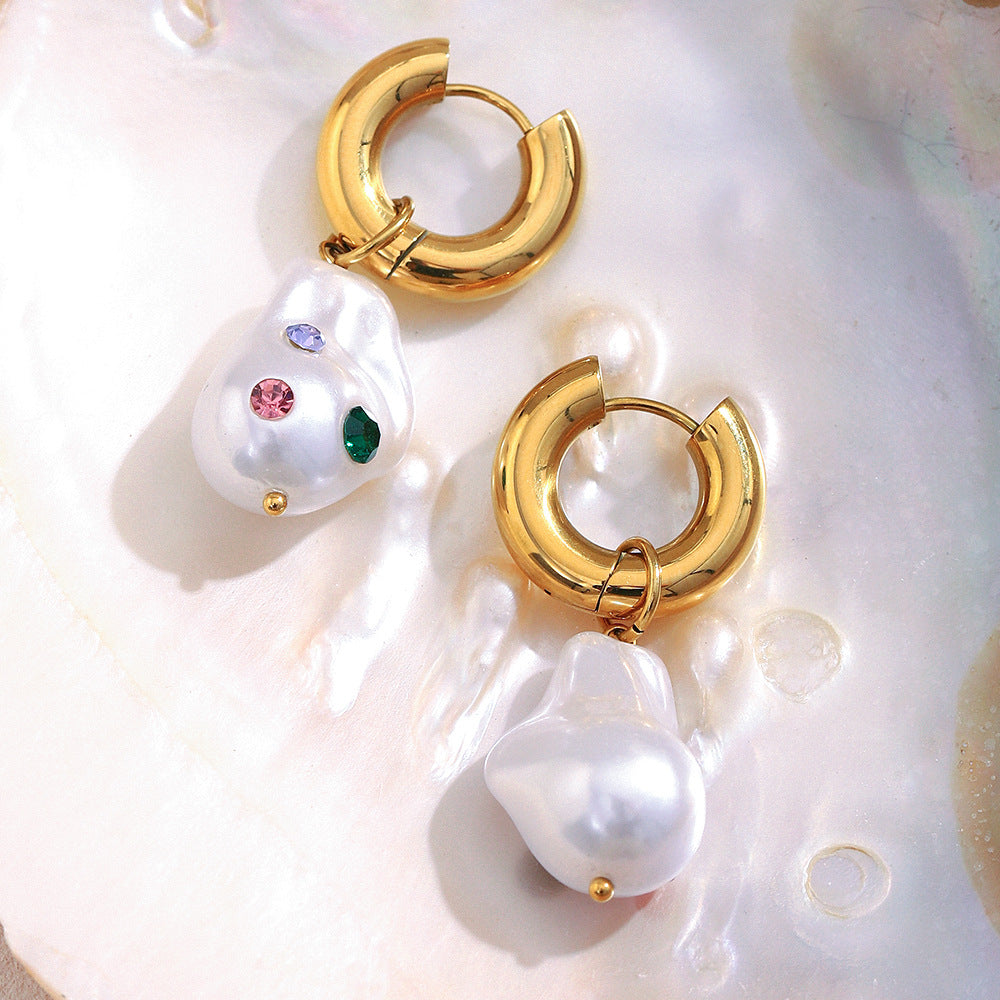 Vintage French Style Geometric Stainless Steel 18K Gold Plated Ear Rings for Women with Colorful Rhinestones and Simulated Pearls