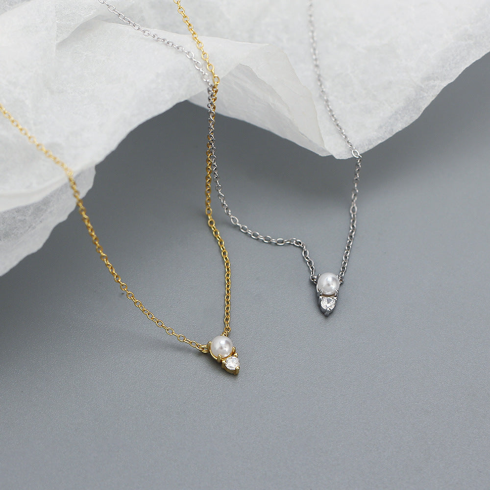 Collana da donna a catena maglia barbazzale placcata in argento sterling 925 con perla rotonda geometrica e diamante, stile minimalista