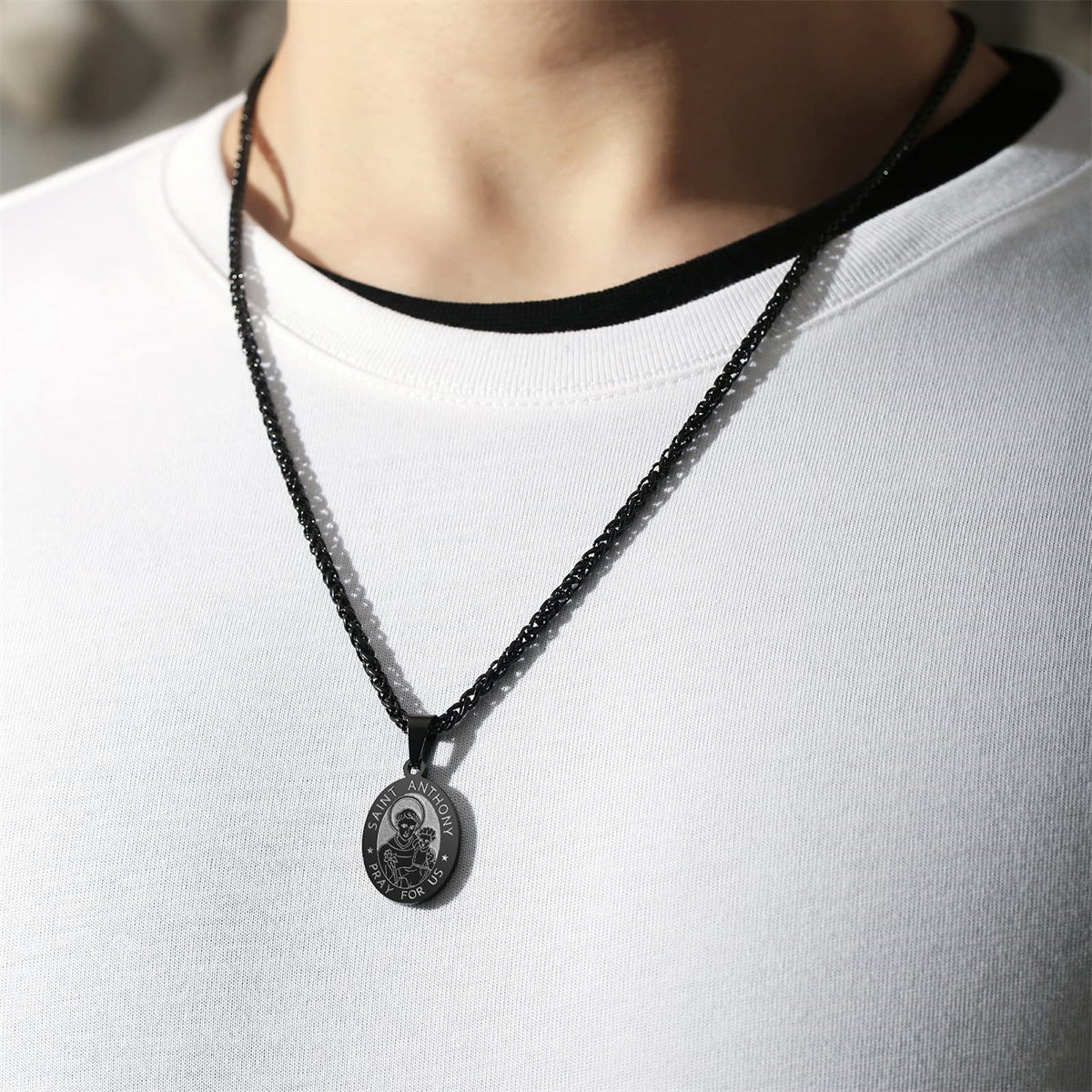 Minimalist Geometric Stainless Steel Saint Anthony Medal Pendant Necklace for Women with Plated Finish