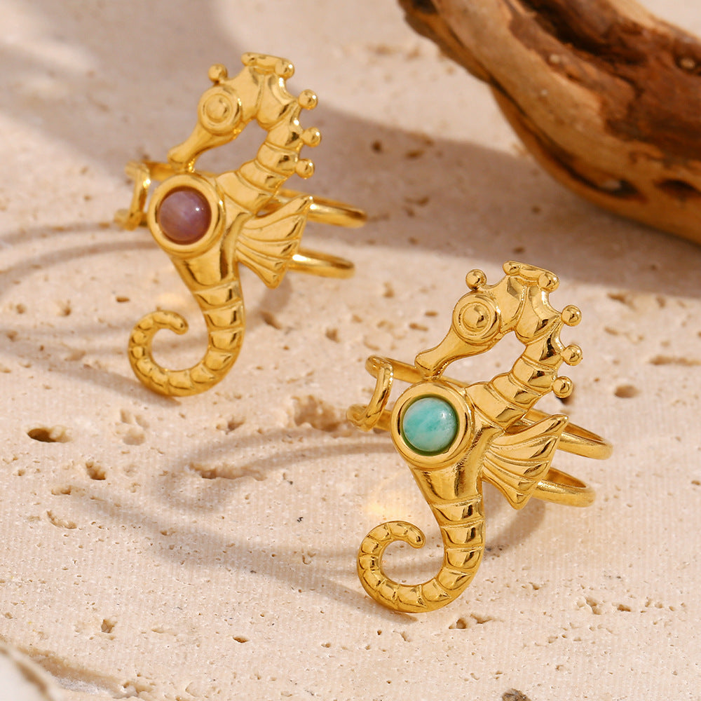 Fashionable Unisex Seahorse-Shaped Stainless Steel Ring with 18K Gold Plating and Ruby Accent