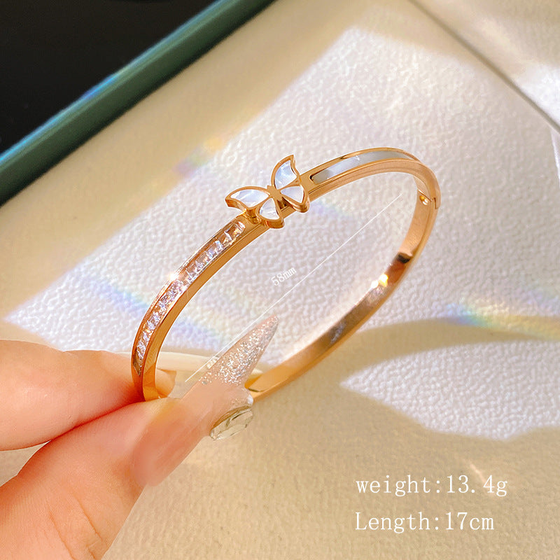 Elegant Micro-inlay Shell and Cubic Zirconia Butterfly Open Cuff Titanium Steel Bracelet