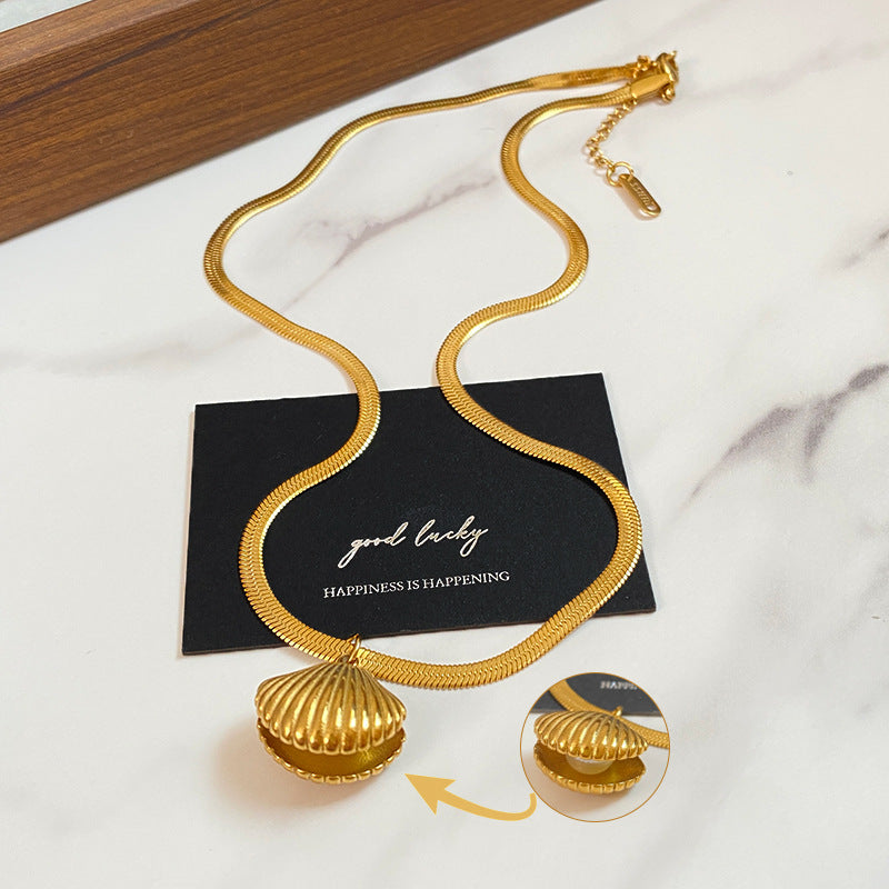 Minimalist Titanium Steel Snake Chain Necklace with Shell and Pearl Elements