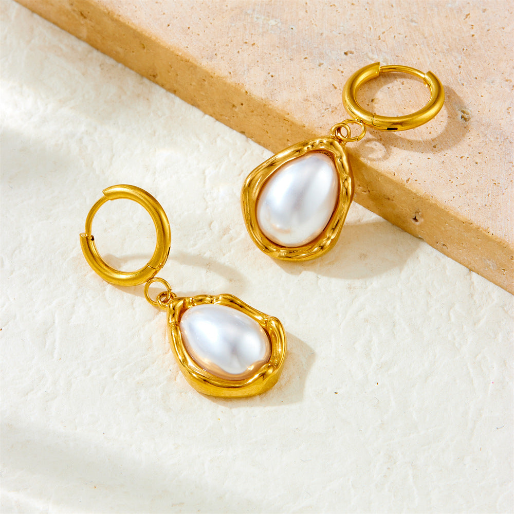 Vintage Elegant Gold Plated Stainless Steel Large Pearl Teardrop Earrings
