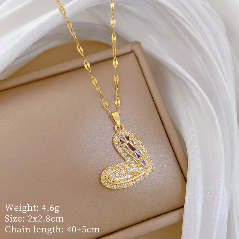Sweet Micro-Paved Rhinestone Heart Pendant Titanium Steel Necklace for Women