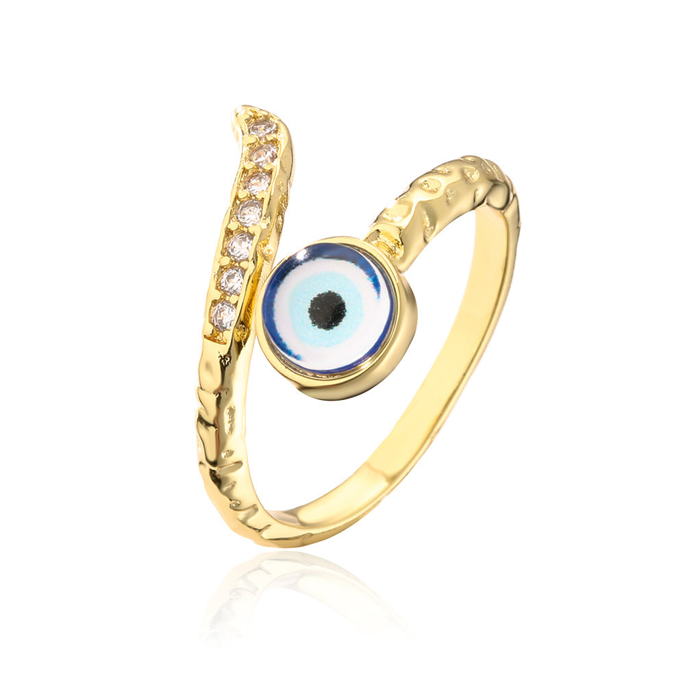 Anello aperto geometrico da donna con base in rame placcata in oro 18 carati e design a occhio turco con zirconi micro-incastonati