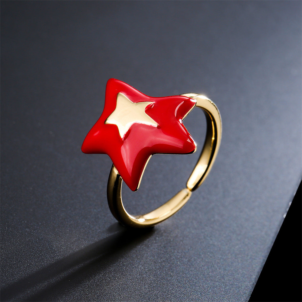 Minimalist Irregular Five-Pointed Star Open Ring for Women in Copper with 18K Gold Plating and Enamel Finish