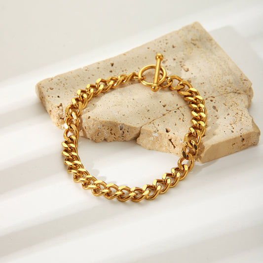 Bracciale a catena cubana rotonda minimalista da donna in acciaio inossidabile placcato oro 18 carati con chiusura OT