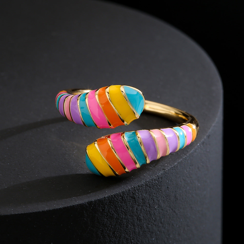 Anello Aperto Geometrico Vintage da Donna in Rame con Placcatura in Oro 18K e Finitura Smaltata