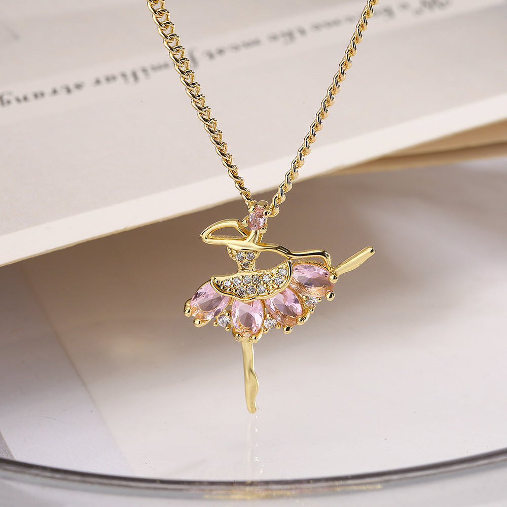 Minimalist Ballet Dancer Pendant Necklace with Copper Base Plated in 18K Gold and Zircon Inlay