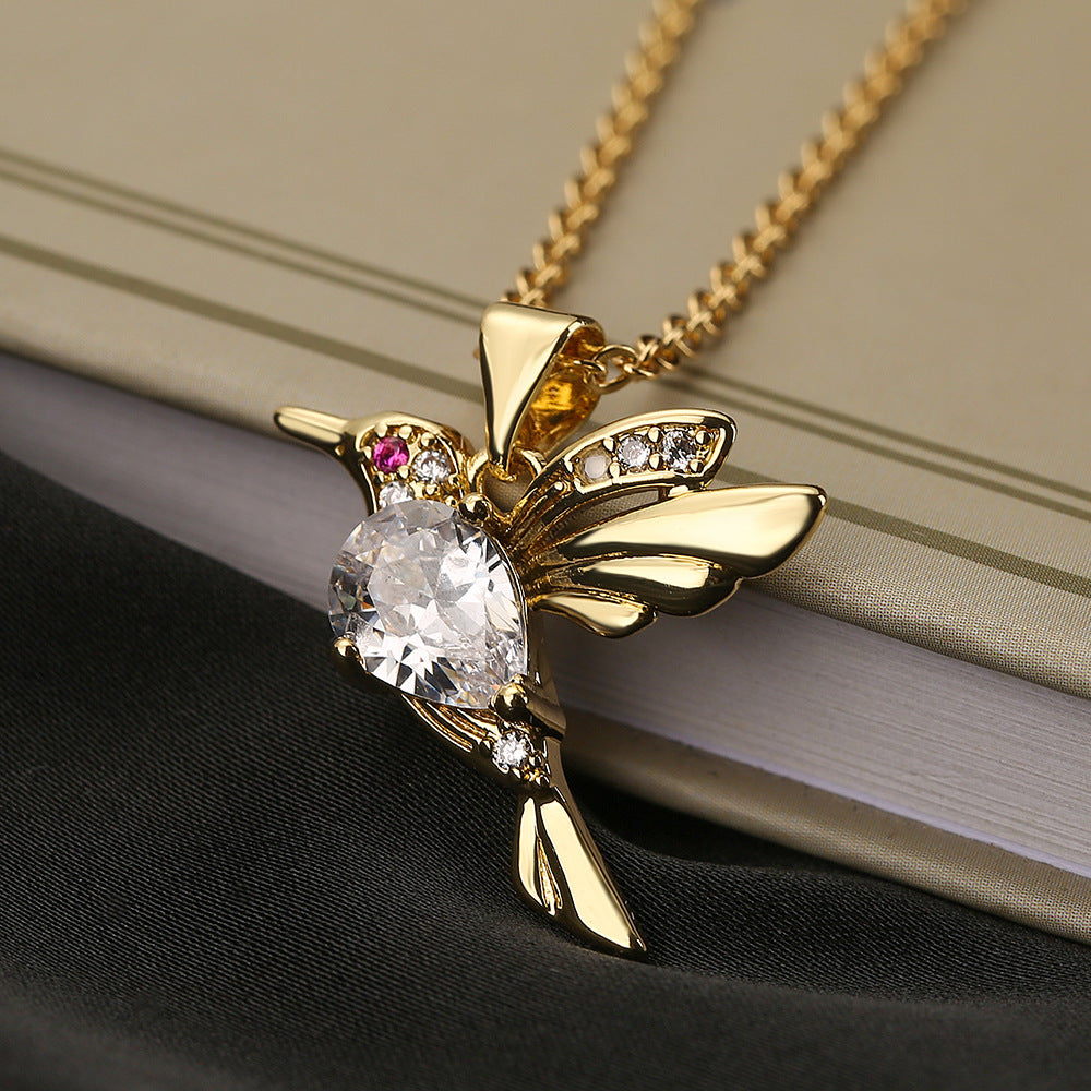 Collar con Colgante Minimalista de Cobre con Forma de Pájaro y Circonitas Incrustadas para Mujer
