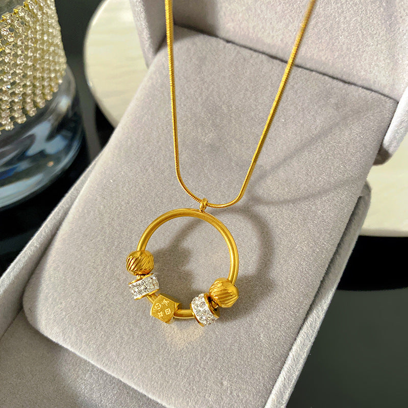 Minimalist Geometric Round Square Floral Pattern Cubic Zirconia Inlay Titanium Steel Snake Chain Necklace