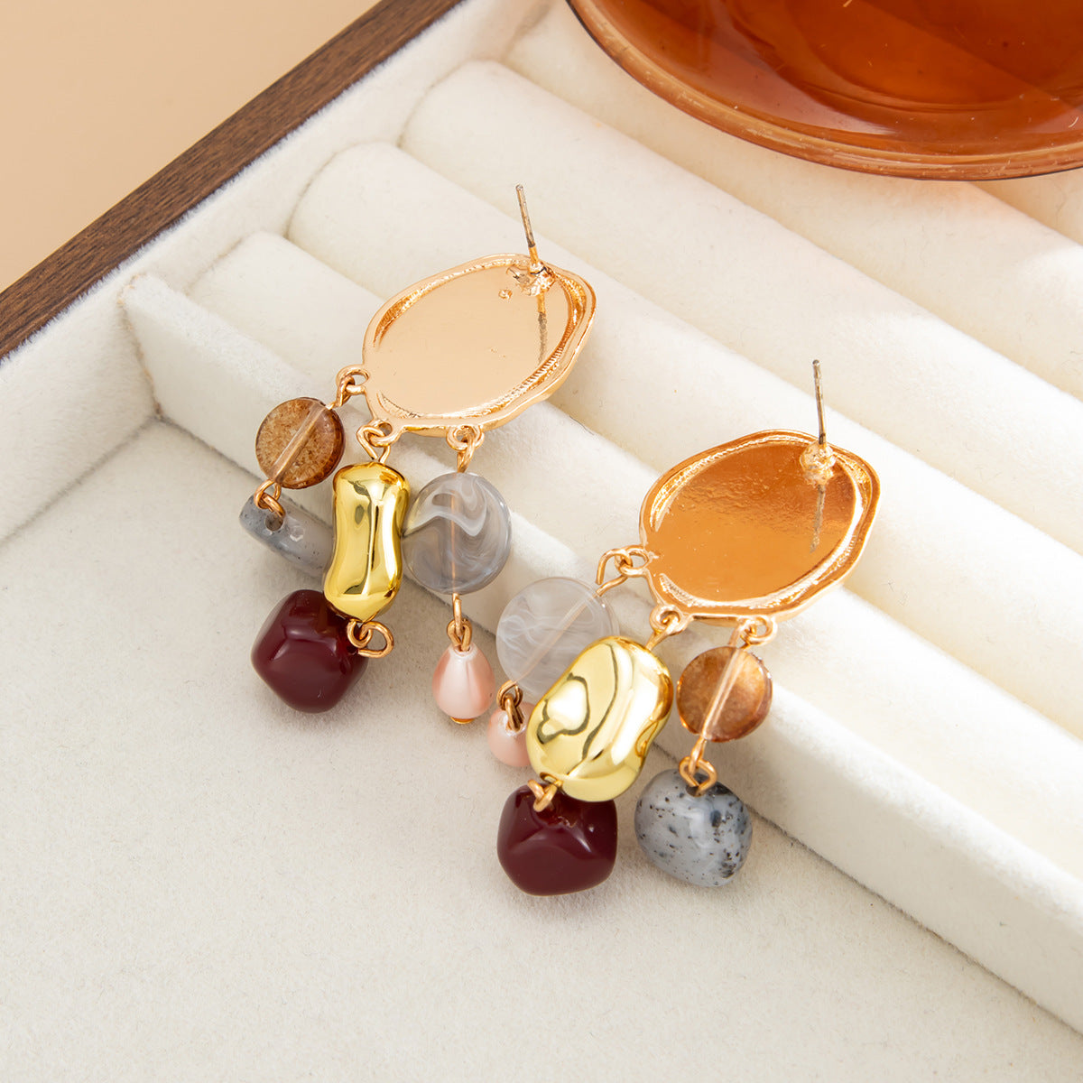 Vintage Geometric Oval Resin Inlay Plated Alloy Earrings for Women