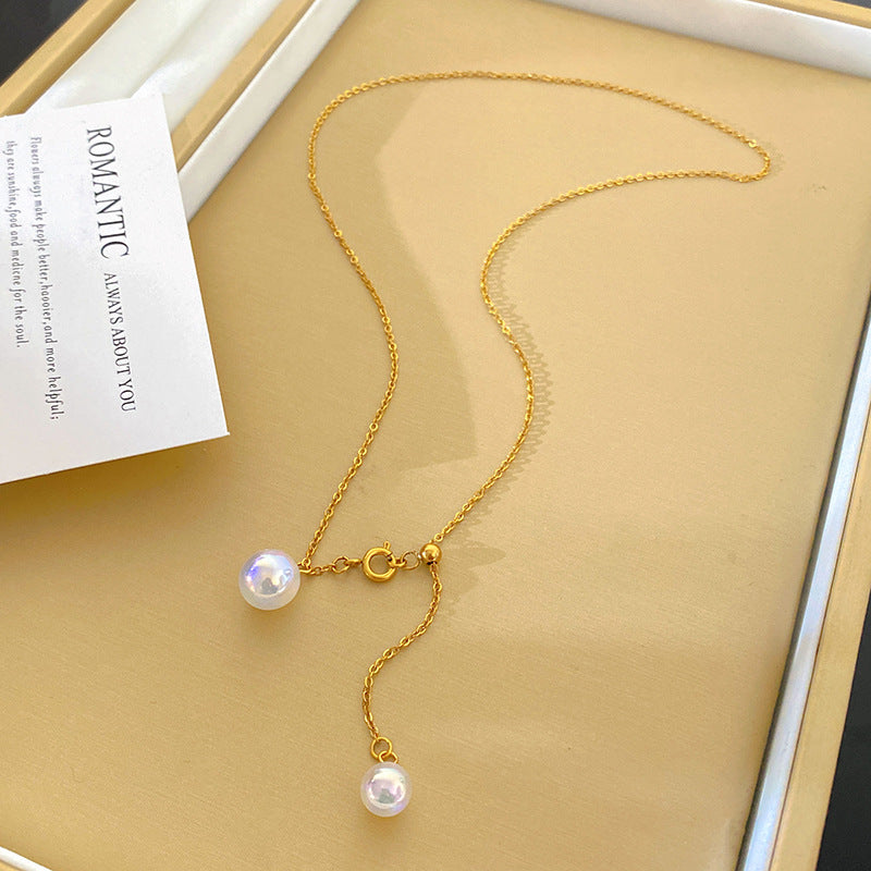 Elegant Iridescent Pearl Tassel Geometric Titanium Steel Plated Necklace for Women