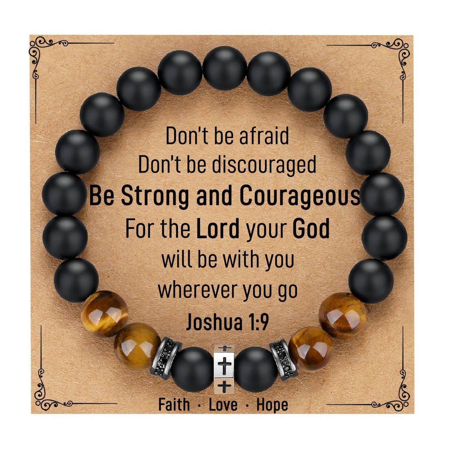 Matte Geometric Cross Tiger Eye Beaded Bracelet Stainless Steel Elastic Bangle