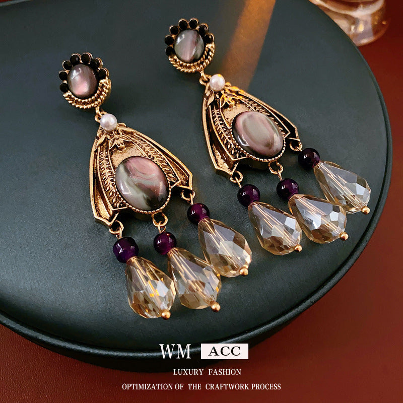 Vintage Floral Tassel Earrings with Rhinestones in Silver Plated Setting for Women