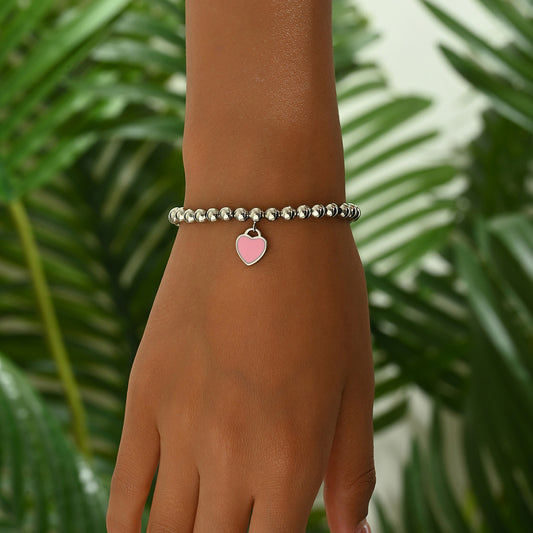 Pulsera minimalista de aleación de zinc esmaltada con forma de corazón para mujer, con diseño de cuentas y versátiles cuentas redondas