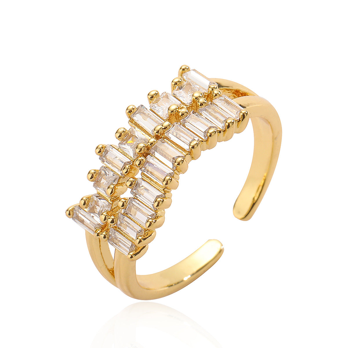 Anello Aperto Geometrico Minimalista da Donna in Ottone con Placcatura in Oro Vero e Intarsio in Zirconi