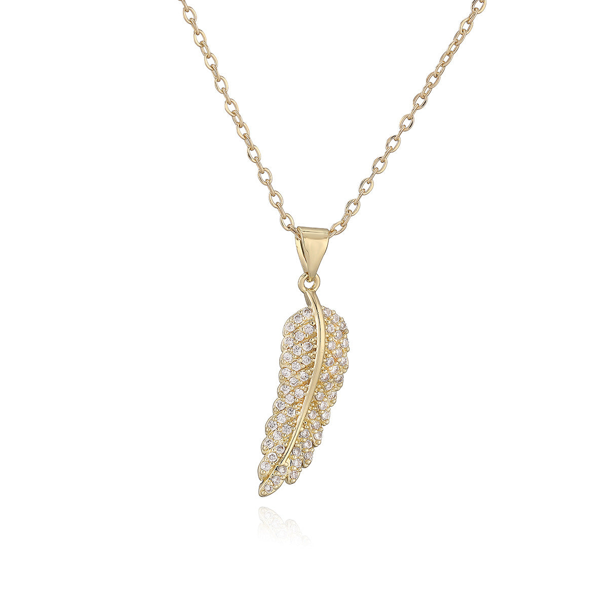 Minimalist Luxury Gold Plated Brass Geometric Feather Leaf Cubic Zirconia Pendant Necklace for Women