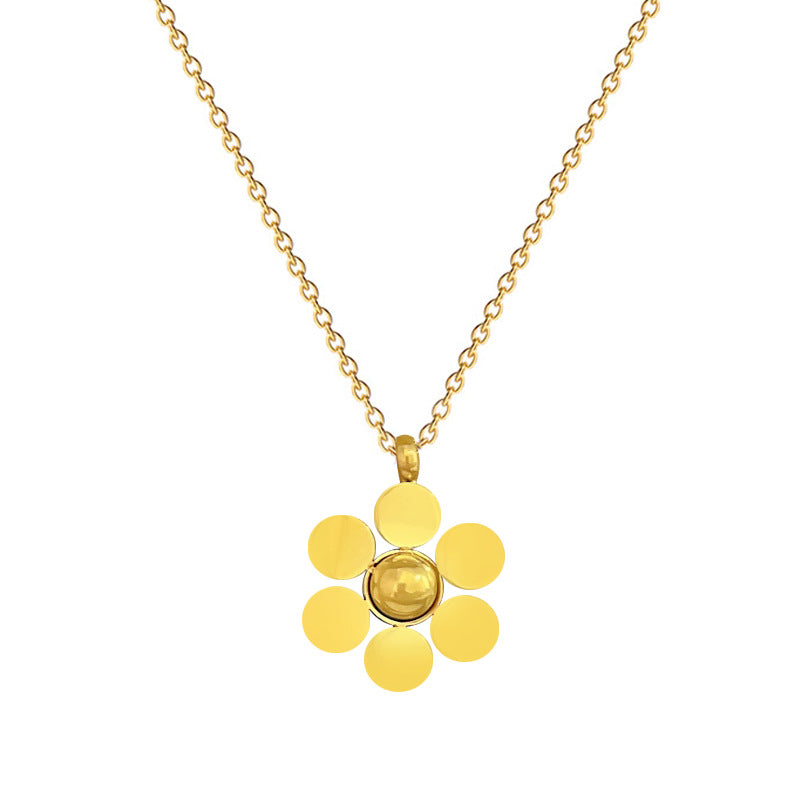 Collana con Ciondolo a Sei Petali a Fiore in Acciaio al Titanio Minimalista da Donna con Finitura Placcata Oro e Catena a Sfera Rotonda