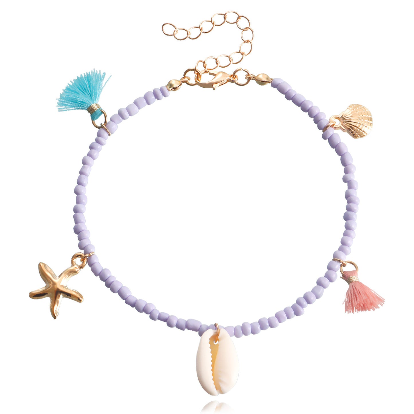 Bohemian-Style Geometric Alloy Anklet with Colorful Seed Beads and Tassel for Women Beach Shell Starfish Design