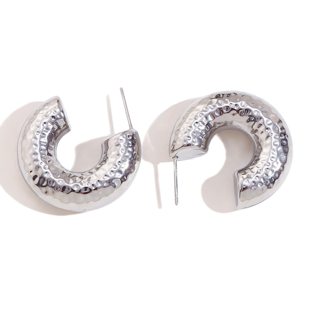 Minimalist Geometric Hollow Hammered Texture Stainless Steel Earrings with 18K Gold Plating for Women