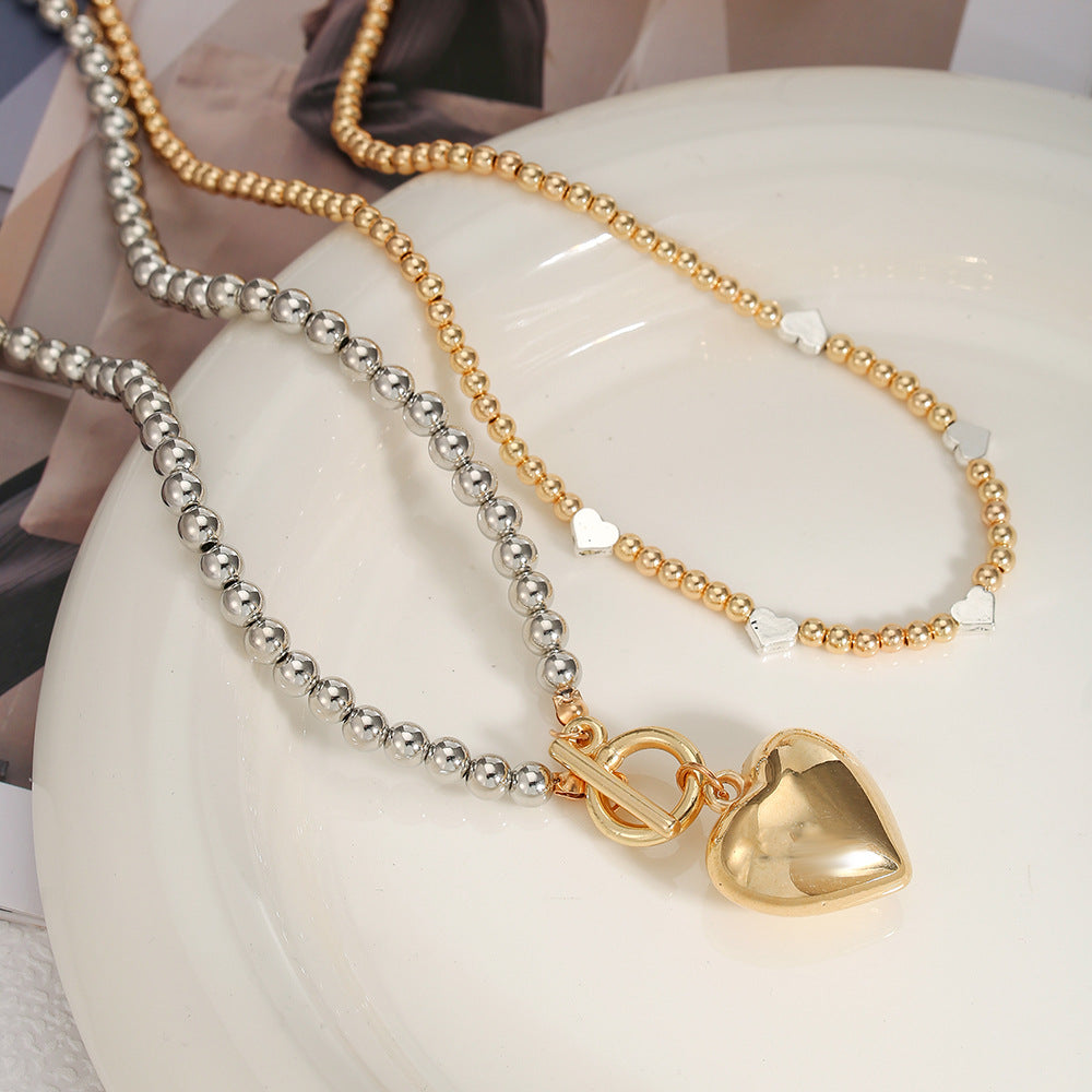 Sweet Streetwear Polished Alloy Heart Geometric Pendant Necklace with CCB Beads Choker for Women