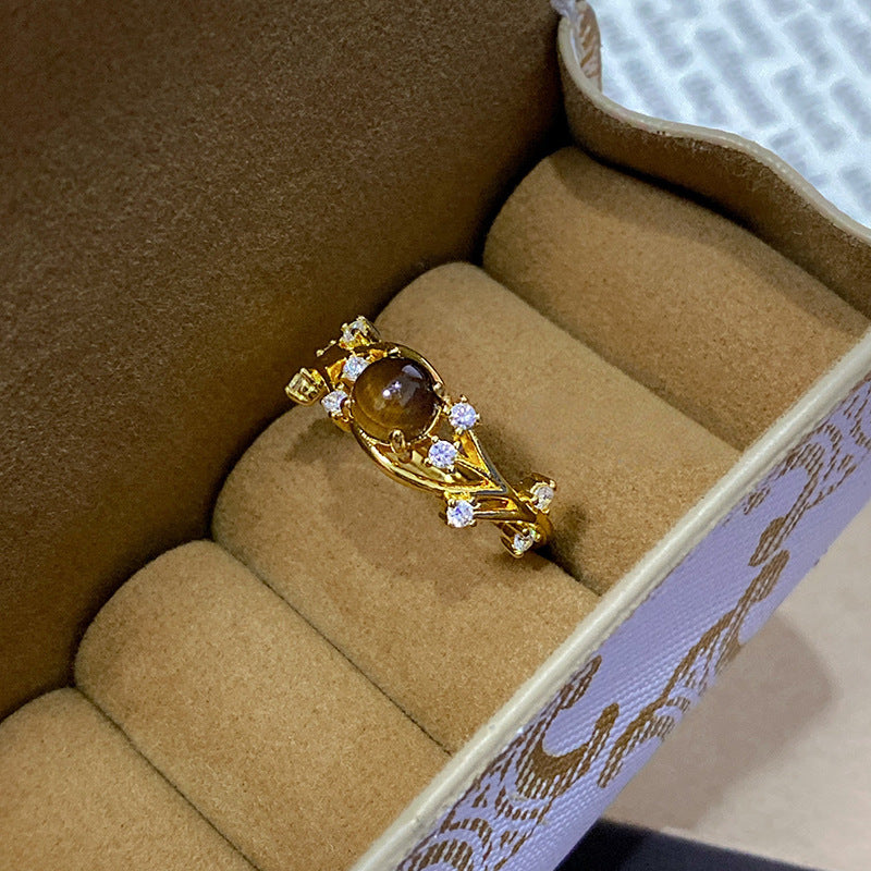 Anillo de Cobre Bañado en Oro Mate con Forma Geométrica, Ojo de Tigre y Circonitas para Mujer, Estilo Vintage Artístico Minimalista para Dedo Índice